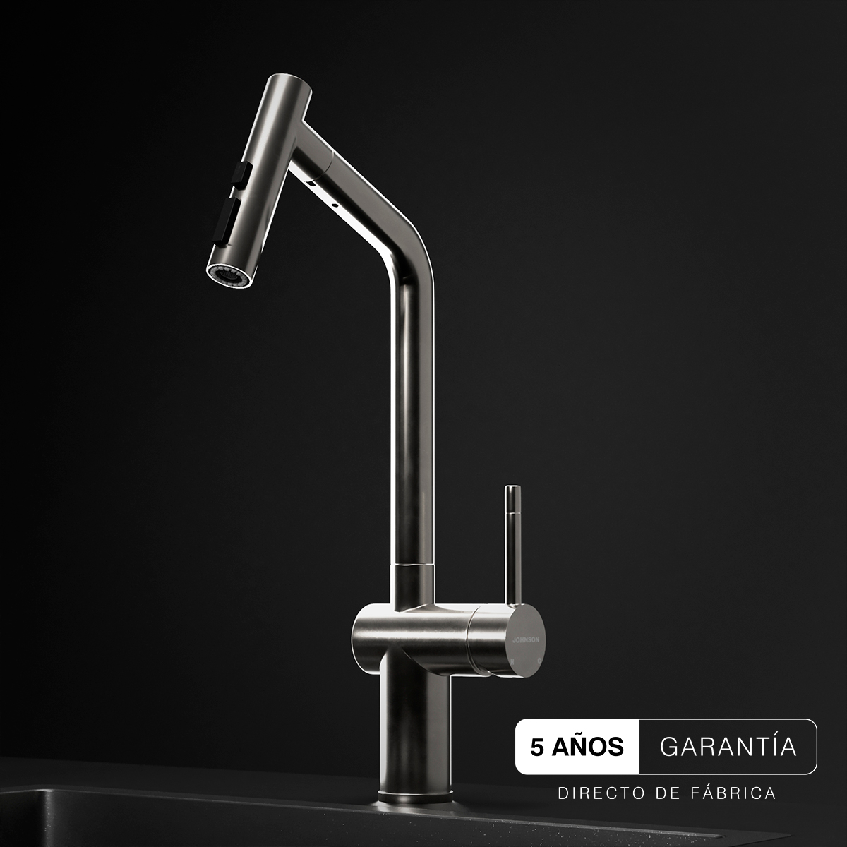 Grifería para cocina Johnson Glow Steel: monocomando con pico extensible, cierre cerámico y doble salida de agua.